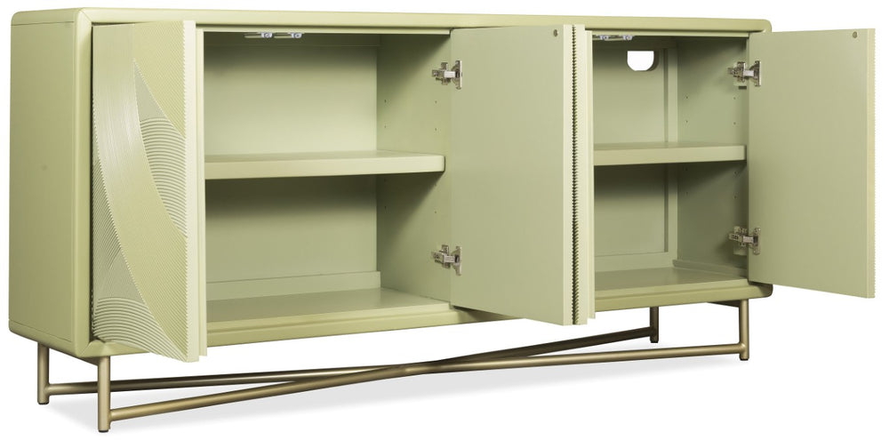 Hooker Furniture Commerce Green Carved Into The Woods Credenza — Leafy Tone-On-Tone Finish, Gold Metal Base, Soft-Close Doors 7228-85140-35