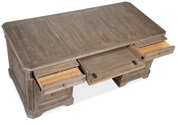 Hooker Furniture Sutter Executive Desk In Claro Distressed Oak With Champagne Hardware, 7-Drawer Storage & Slides 34.00 L x 72.00W x 31.00H 5981-10563-80
