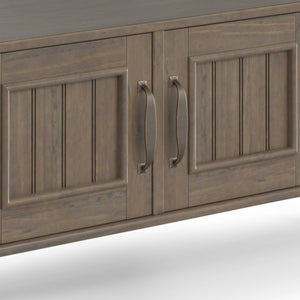 English Elm Lev Smoky Brown Console Table with 3 Doors, Open Shelf & Brushed Bronze Handles — Solid Wood Transitional Design B136P158815