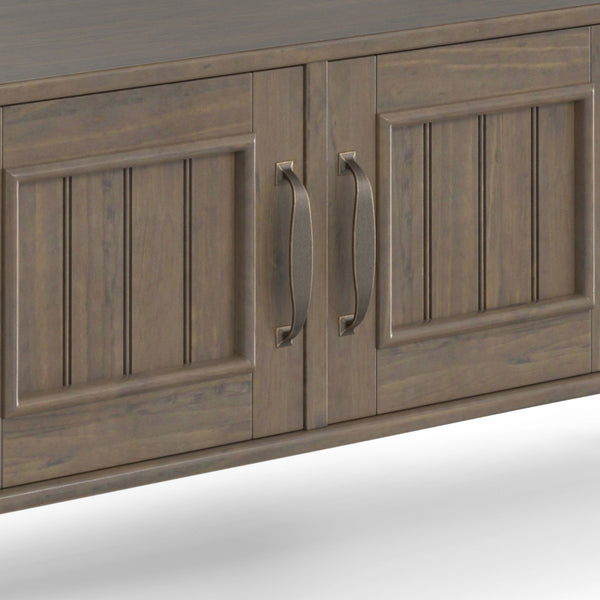 English Elm Lev Smoky Brown Console Table with 3 Doors, Open Shelf & Brushed Bronze Handles — Solid Wood Transitional Design B136P158815