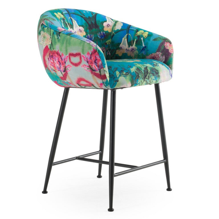 VIG Furniture Roxann Curved Velvet Counter Stool With Funky Botanical Pattern, Foam Comfort & Black Metal Legs VGEU-MC-9292CH-A-C-BS