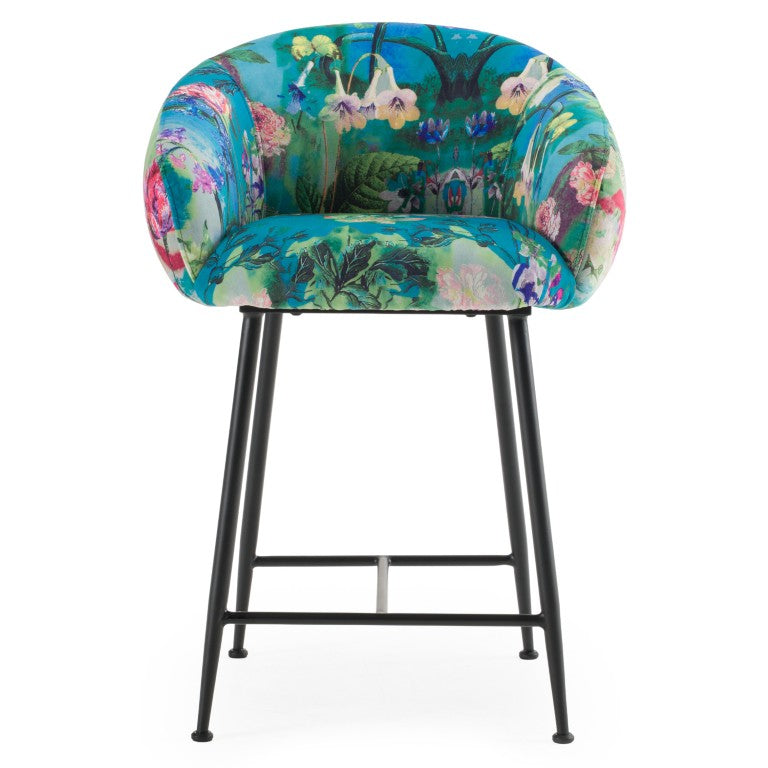 VIG Furniture Roxann Curved Velvet Counter Stool With Funky Botanical Pattern, Foam Comfort & Black Metal Legs VGEU-MC-9292CH-A-C-BS