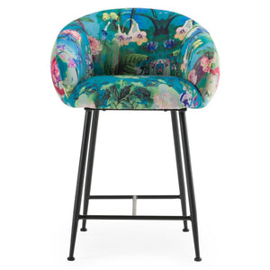 VIG Furniture Roxann Curved Velvet Counter Stool With Funky Botanical Pattern, Foam Comfort & Black Metal Legs VGEU-MC-9292CH-A-C-BS