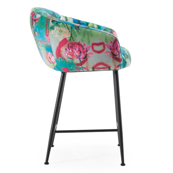 VIG Furniture Roxann Curved Velvet Counter Stool With Funky Botanical Pattern, Foam Comfort & Black Metal Legs VGEU-MC-9292CH-A-C-BS