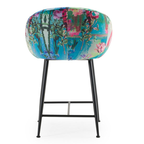 VIG Furniture Roxann Curved Velvet Counter Stool With Funky Botanical Pattern, Foam Comfort & Black Metal Legs VGEU-MC-9292CH-A-C-BS