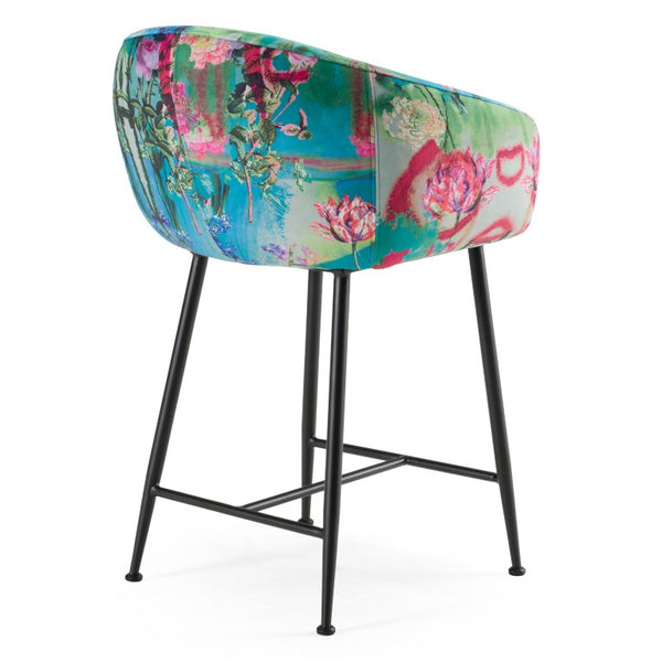 VIG Furniture Roxann Curved Velvet Counter Stool With Funky Botanical Pattern, Foam Comfort & Black Metal Legs VGEU-MC-9292CH-A-C-BS