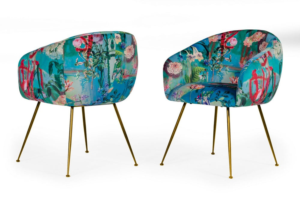 VIG Furniture Roxann Velvet Floral Dining Chair With Gold Legs — Mid-Century Glam Upholstery, Comfortable Seat VGEUMC-9292CH-A-GL-CH