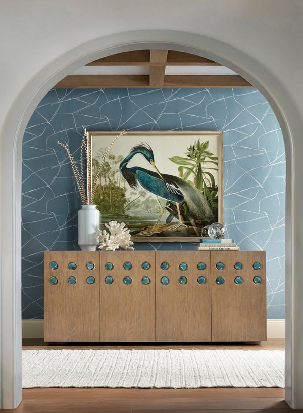 Hooker Furniture Commerce Pilea Entertainment Credenza In Light Oak With Soft-Close Doors, Green Ceramic Lily-Pad Pulls — Spacious Media Storage And Wire Management For Modern Living Rooms 7228-55041-85