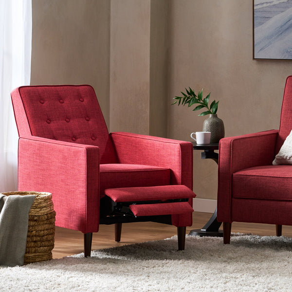English Elm Christopher Knight Home® - Fabric Recliner Chair Mid-Century Modern Pushback Single Sofa with Tufted Cushion, Birch Legs, Cozy Comfort Red 60741.00RED