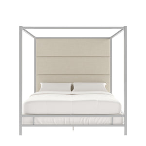 Homelegance By Top-Line Marcel Chrome Finish Metal Canopy Bed with Linen Panel Headboard Chrome Metal