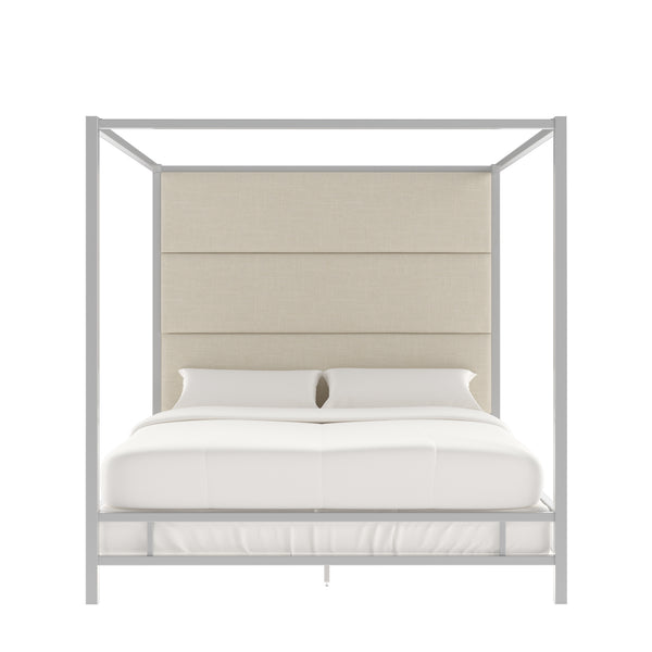 Homelegance By Top-Line Marcel Chrome Finish Metal Canopy Bed with Linen Panel Headboard Chrome Metal