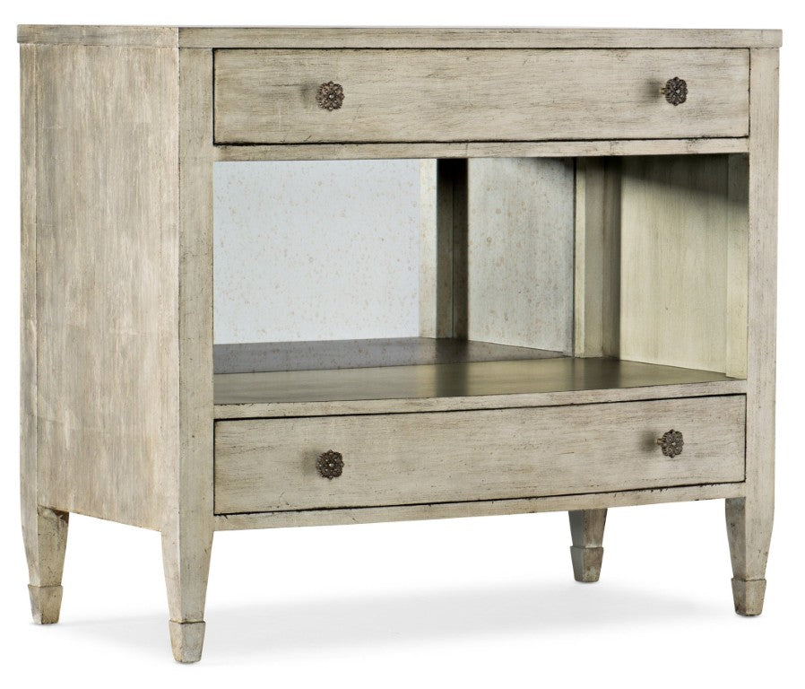 Hooker Furniture Sanctuary Gemme Two Drawer Nightstand With Eglomise Back, Cedar & Felt Liners, Built-In Power (Platinum) 5875-90015-95