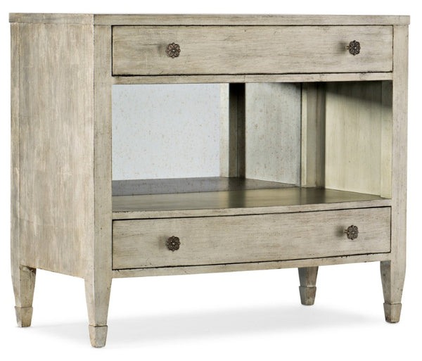 Hooker Furniture Sanctuary Gemme Two Drawer Nightstand With Eglomise Back, Cedar & Felt Liners, Built-In Power (Platinum) 5875-90015-95