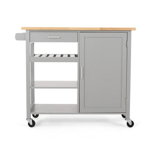 English Elm Christopher Knight Home® - Kitchen Island Cart with Solid Rubberwood Top, 41.75" Mobile Island with Drawer, Cabinet, Shelves & Wheels Grey 67756.00NATGRY