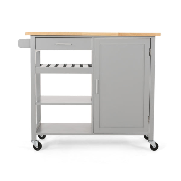 English Elm Christopher Knight Home® - Kitchen Island Cart with Solid Rubberwood Top, 41.75" Mobile Island with Drawer, Cabinet, Shelves & Wheels Grey 67756.00NATGRY