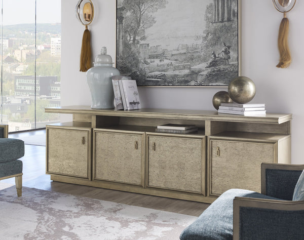 A.R.T. Furniture Cove Glam Entertainment Console - Mica Finish, Adjustable Shelves, Cork Accents & Stylish Storage Solution Grey Rubberwood Solids,Primavera Veneers,Metal,Cork 349422-2743