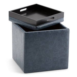 English Elm Rockwood Cube Storage Ottoman with Tray — Denim Vegan Faux Leather, Flip-Top Serving Tray & Hidden Storage Blue B136P158201