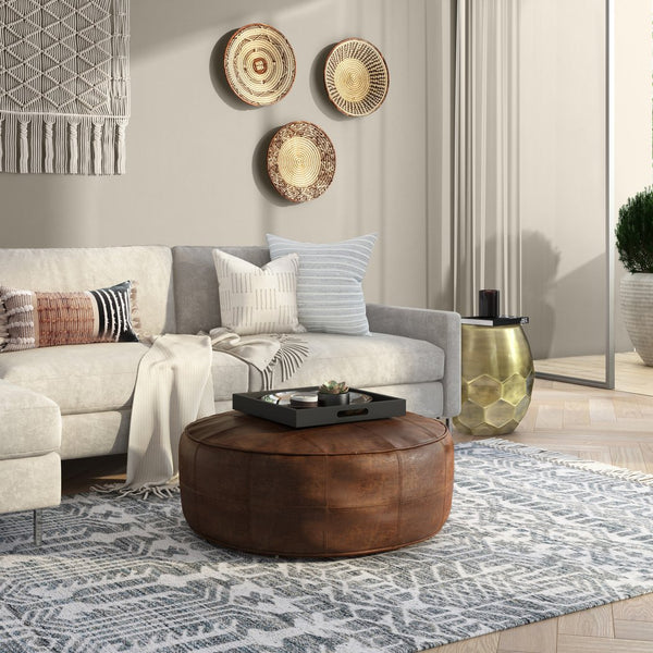 English Elm Connor - Handcrafted 34" Round Leather Pouf Coffee Table In Distressed Brown For Versatile Living Spaces B136P159353