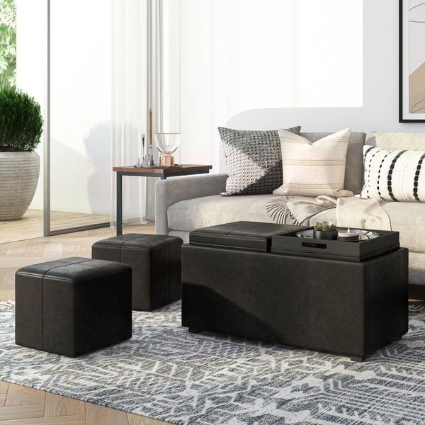 English Elm Avalon 5-Piece Storage Ottoman Set In Distressed Black Faux Leather - Stylish, Versatile, & Functional B136P159759