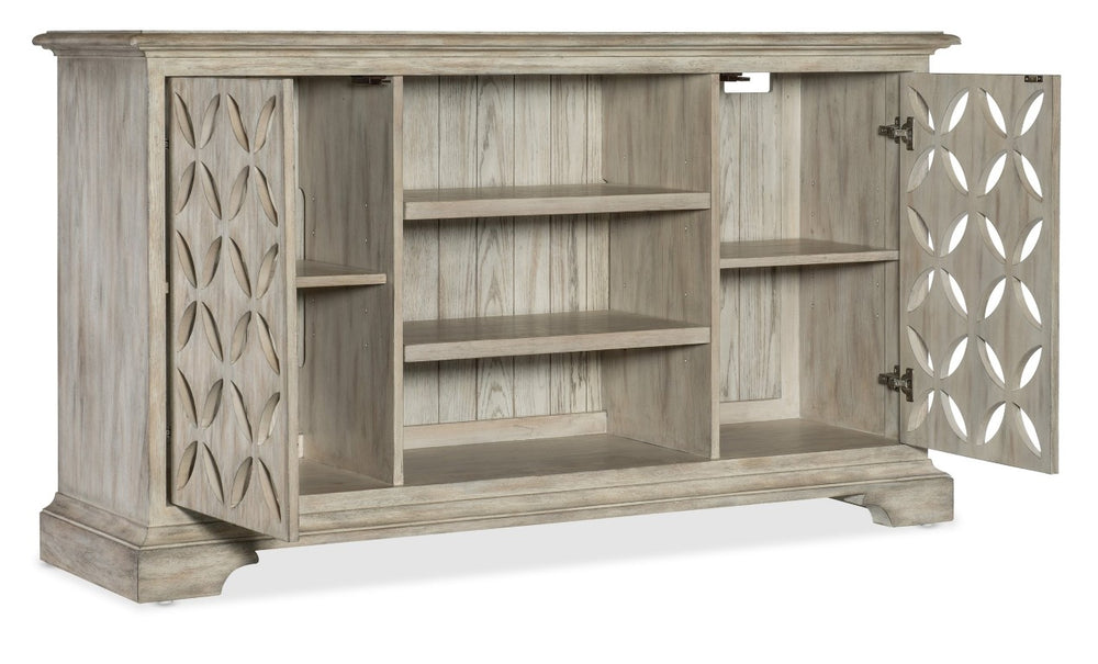 Hooker Furniture Commerce Underhill Entertainment Console — Light Gray Distressed Oak Tv Stand With Floral Cutout Doors, Soft-Close Storage 7228-85111-95
