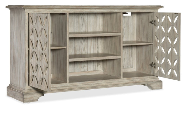 Hooker Furniture Commerce Underhill Entertainment Console — Light Gray Distressed Oak Tv Stand With Floral Cutout Doors, Soft-Close Storage 7228-85111-95