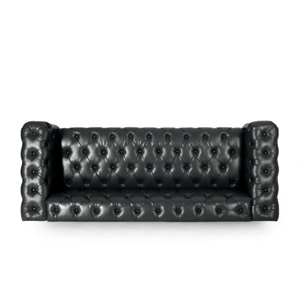 English Elm Mirod Button Tufted Three Seat Pu Sofa with Birch Legs for Living Room N760S0000012B