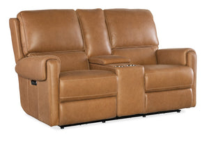 Hooker Furniture Somers Power Reclining Console Loveseat With Zero-Gravity Recline, Usb, Cupholders, Leather_Too Light Brown SS718-PHZC2-080