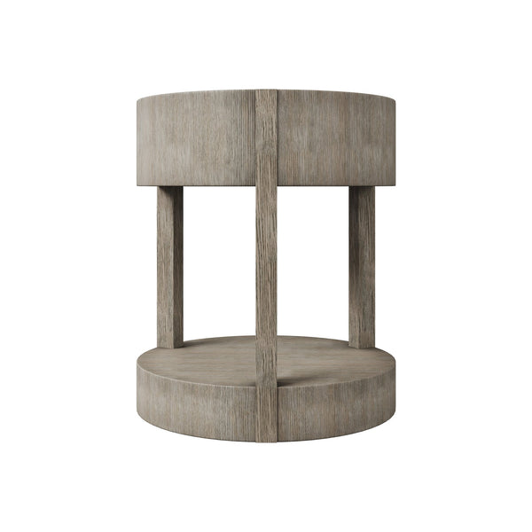 Bernhardt Bernhardt Calder Nightstand In Rustic Gray Quartered Oak — Round Modern Bedside Table W/ Drawer & Shelf 369212