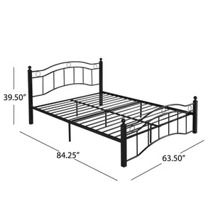 English Elm Queen Iron Platform Bed Camelback Headboard Geometric Finial Posts Victorian Loft Style Black 63298.00FBLK-Q