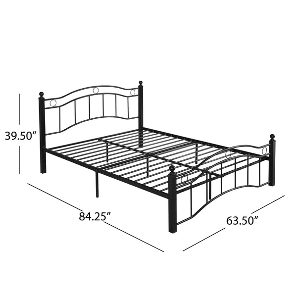 English Elm Queen Iron Platform Bed Camelback Headboard Geometric Finial Posts Victorian Loft Style Black 63298.00FBLK-Q