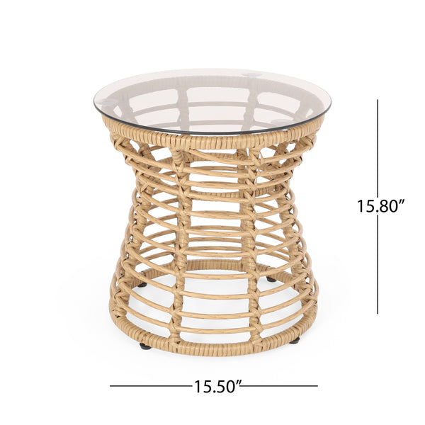 English Elm Christopher Knight Home® - SAN PEDRO SIDE TABLE Light Brown Rattan with Tempered Glass Top Boho Patio Accent Durable 15.8"H 65760.00LBRN