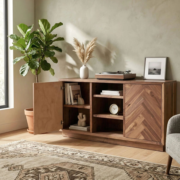 Origins Russo Walnut Herringbone Parquet Sideboard Organic Modern Buffet with Cable Management SJ3160