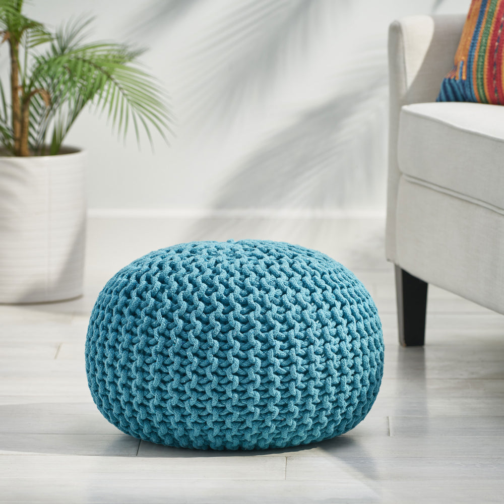 English Elm Christopher Knight Home® - MORO Aqua Pouf Knit Weave Cotton Accent Seat — Modern Round 20" x 14" No-Assembly Cozy Décor 60480.00