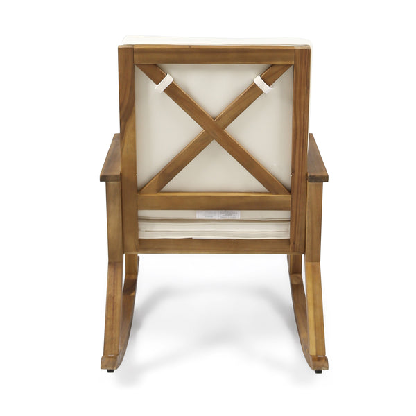 English Elm Champlain Outdoor Acacia Wood Rocking Chair with Cross-back Design and Cushions Cream 62685.00