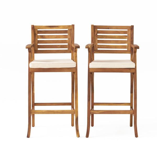 English Elm Christopher Knight Home® - HERMOSA Acacia 30" Outdoor Bar Stool Set of 2 with Weather-Resistant Cushions and Ladder-Back Design Brown 59244.00MP2
