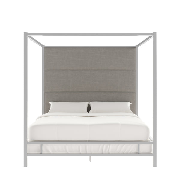 Homelegance By Top-Line Marcel Chrome Finish Metal Canopy Bed with Linen Panel Headboard Chrome Metal