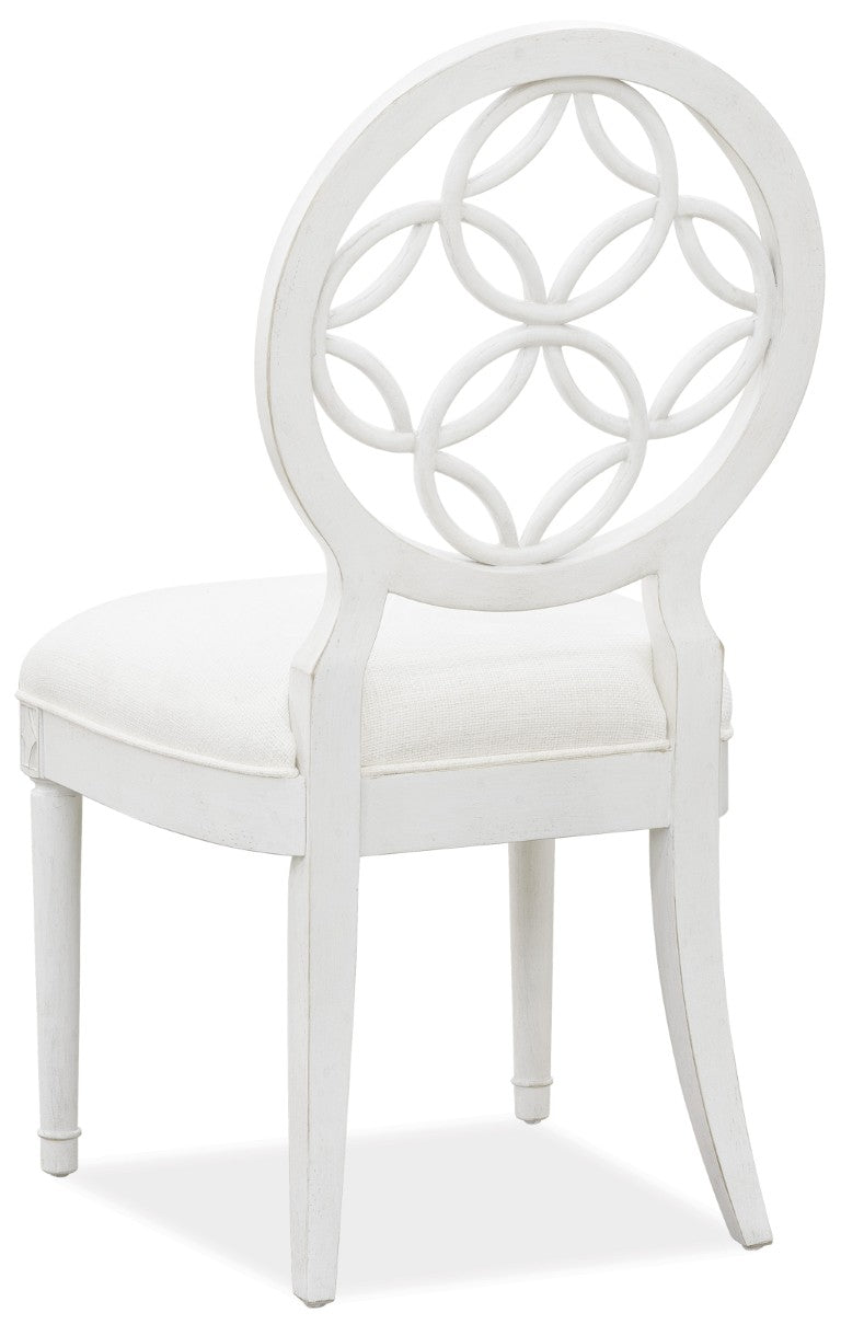 Hooker Furniture Melange Brynlee Side Chair — Creamy White Distressed Transitional Dining Chair With Fretwork Back, Padded Linen Seat 638-75006