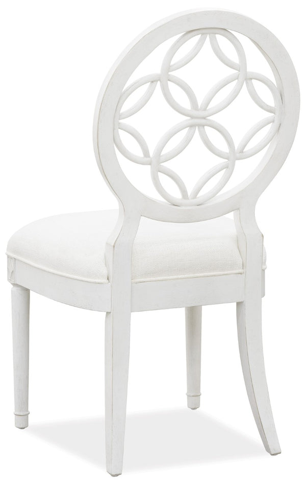Hooker Furniture Melange Brynlee Side Chair — Creamy White Distressed Transitional Dining Chair With Fretwork Back, Padded Linen Seat 638-75006
