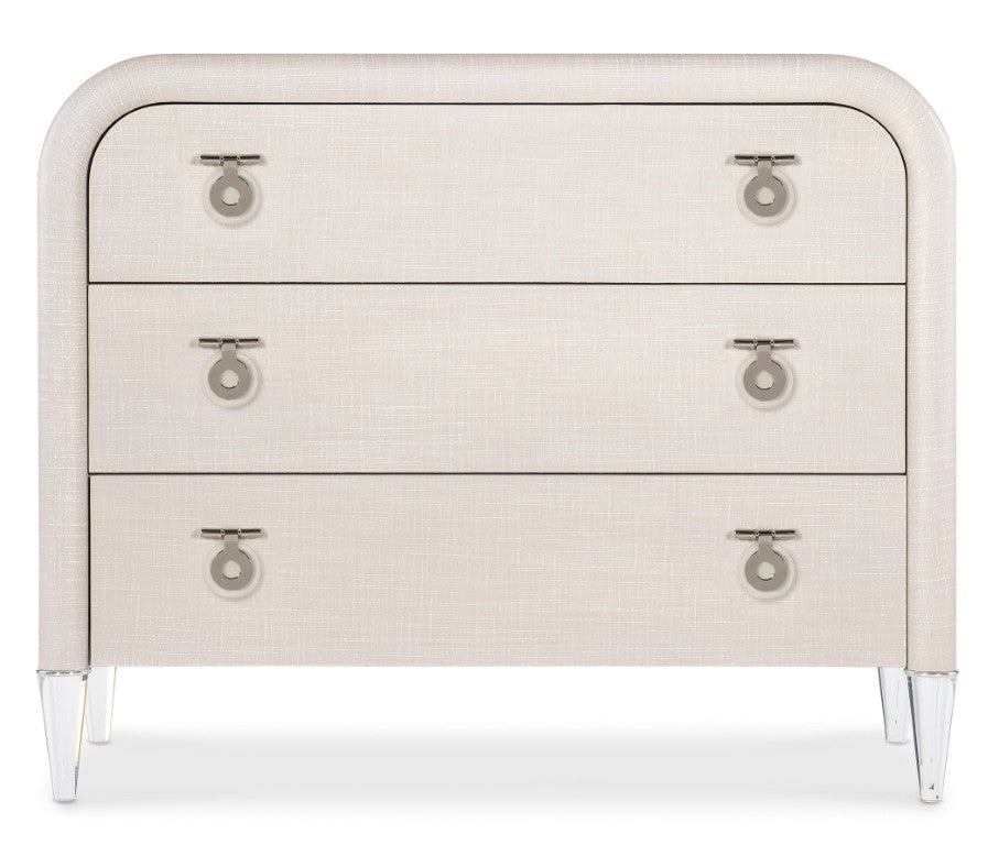 Hooker Furniture Melange Julip Accent Chest With Linen-Wrapped Finish, Acrylic Legs & Chrome Jewelry Pulls, 3 Self-Closing Drawers Whites/Creams/Beiges 628-50205-05
