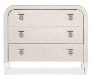 Hooker Furniture Melange Julip Accent Chest With Linen-Wrapped Finish, Acrylic Legs & Chrome Jewelry Pulls, 3 Self-Closing Drawers Whites/Creams/Beiges 628-50205-05