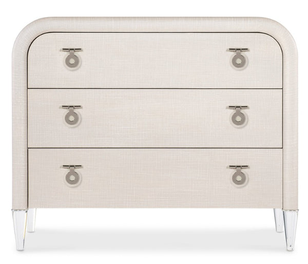 Hooker Furniture Melange Julip Accent Chest With Linen-Wrapped Finish, Acrylic Legs & Chrome Jewelry Pulls, 3 Self-Closing Drawers Whites/Creams/Beiges 628-50205-05