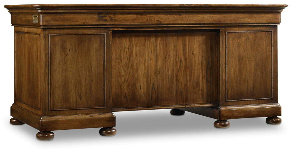 Hooker Furniture Archivist Pecky Pecan Executive Desk With Leather Writing Surface, Antique Bronze Hardware & Storage 5447-10563
