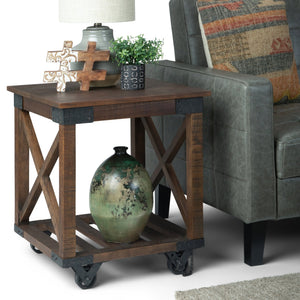English Elm Harding End Table - Rustic Industrial Charm In Distressed Dark Brown With Caster Wheels & Storage B136P158678