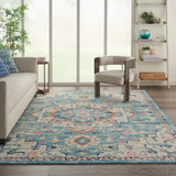 Nourison Passion PSN25 Machine Made Power-loomed Ornamental Border Indoor Only Bohemian Vintage Rug Ivory,Light Blue, Ivory Light Blue 100% Polypropylene 99446015013