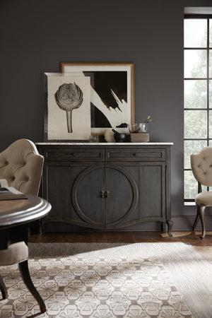 Hooker Furniture Melange Sculpted Marble-Top Credenza With Ventilated Media Storage, Cabriole Legs & Distressed Charcoal Finish 1610-85005-GRY