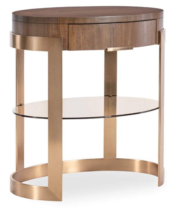 Hooker Furniture Eleana Sculptural Oval Nightstand In Light Caramel Walnut With Sunlit Bronze Accents & Floating Shelf 7252-90115-85