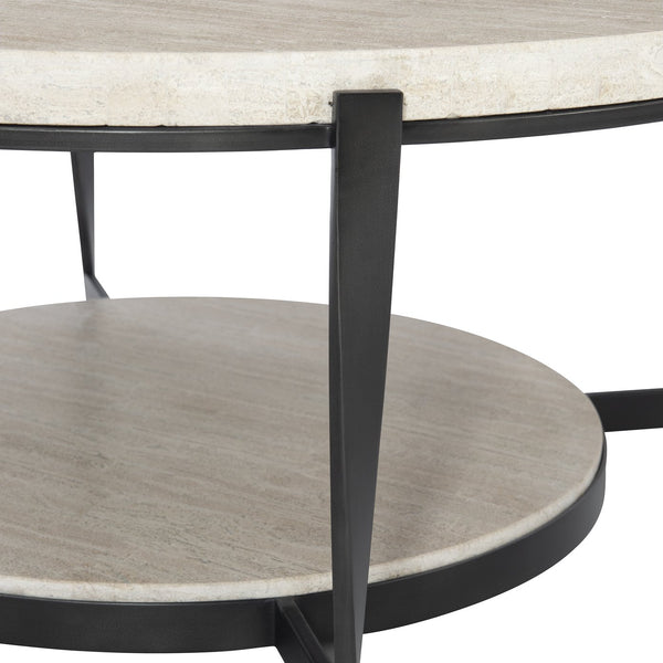 Bernhardt Bernhardt Travertine Cocktail Table 43" — Aged Pewter Twisted Steel Base, Lower Shelf, Durable Core 405015