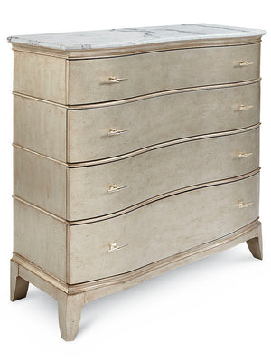 A.R.T. Furniture Starlite Media Chest: Glamorous Parawood Design With Neapolitan Marble Top & 4 Storage Drawers Silver, White Parawood Solids,Primavera Veneer,Marble,Metal 406153-2227