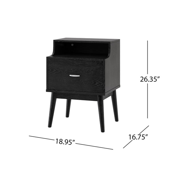 English Elm Christopher Knight Home® - DISA Mid-Century 1-Drawer Nightstand in Black Faux Wood with Splayed Legs, Silver Pull, Compact Storage 71156.00BLK