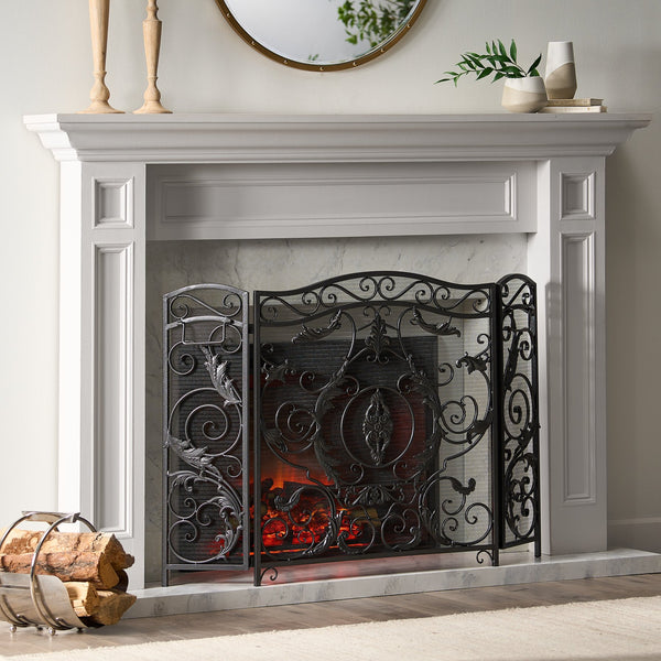 English Elm Waterbury Wrought Iron Fireplace Screen with Ornate Scrollwork and Camelback Silhouette 55341.00SIL